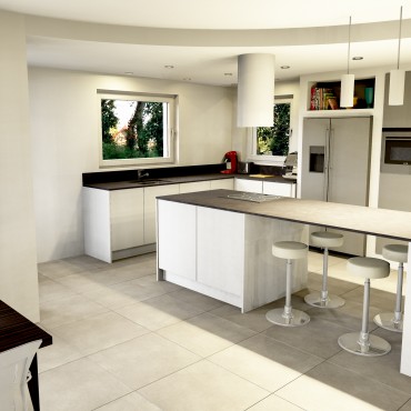 architecte interieur decoration decorateur cuisine équipée blanc blanche noir îlot central cuisson réfrigérateur frigo americain