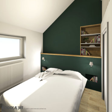 architecte intérieur architecte d'intérieur interieur architecture décorateur decoration décoration plans esquisses meuble mobilier sur-mesure sur mesure mezzanine salle de douche blanc bois vert sapin niche vasque miroir rond bureau dressing combles grenier